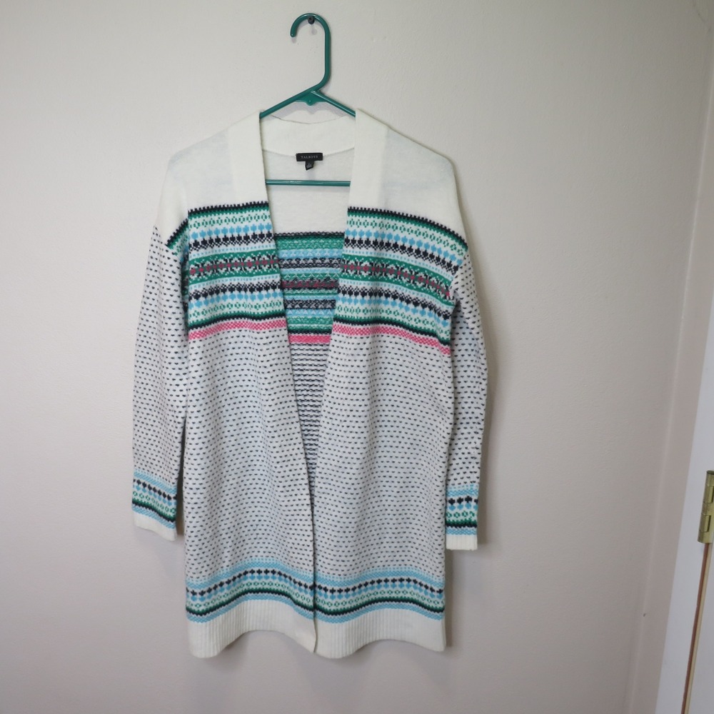 Talbots Womens Small Fair Isle Open Front Cardigan Sweater Longline Ivory Blue